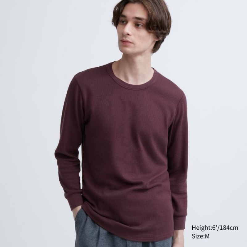 Uniqlo HEATTECH Baumwoll Waffle Crew Neck Long-Sleeve (Extra Warm) T-Shirt Herren Wine | HKVM-28769