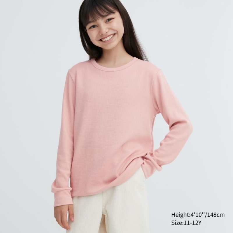 Uniqlo HEATTECH Baumwoll Waffle T-Shirt (Extra Warm) Undershirts Kinder Rosa | NAFP-80253