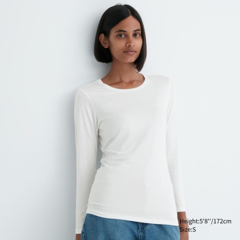 Uniqlo HEATTECH Crew Neck Long-Sleeve T-Shirt Damen Weiß | PADR-96801