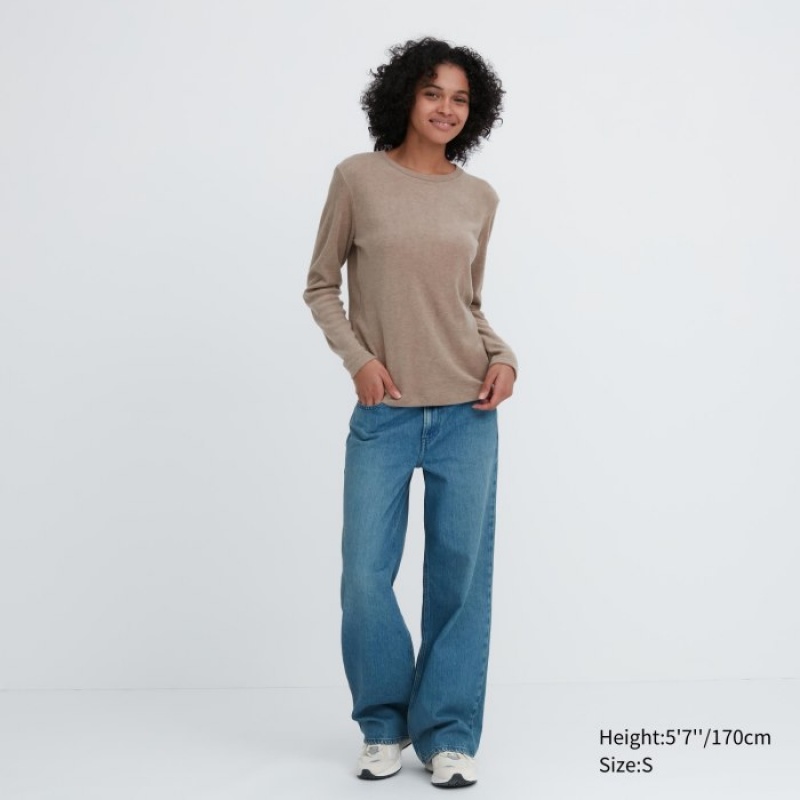 Uniqlo HEATTECH Fleece Crew Neck Long-Sleeve T-Shirt Damen Grau | FTXI-42530