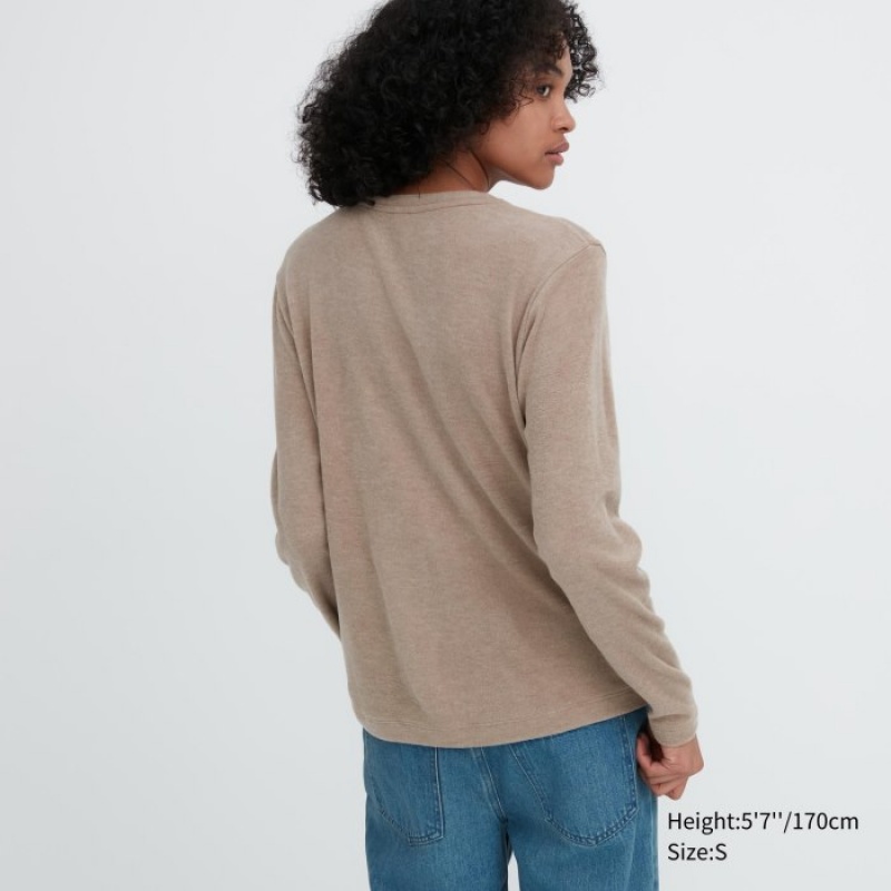 Uniqlo HEATTECH Fleece Crew Neck Long-Sleeve T-Shirt Damen Grau | FTXI-42530