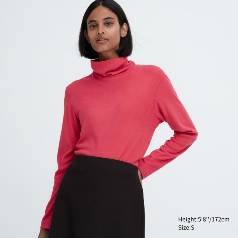 Uniqlo HEATTECH Fleece Turtleneck Long-Sleeve T-Shirt Damen Rot | XEUR-89756