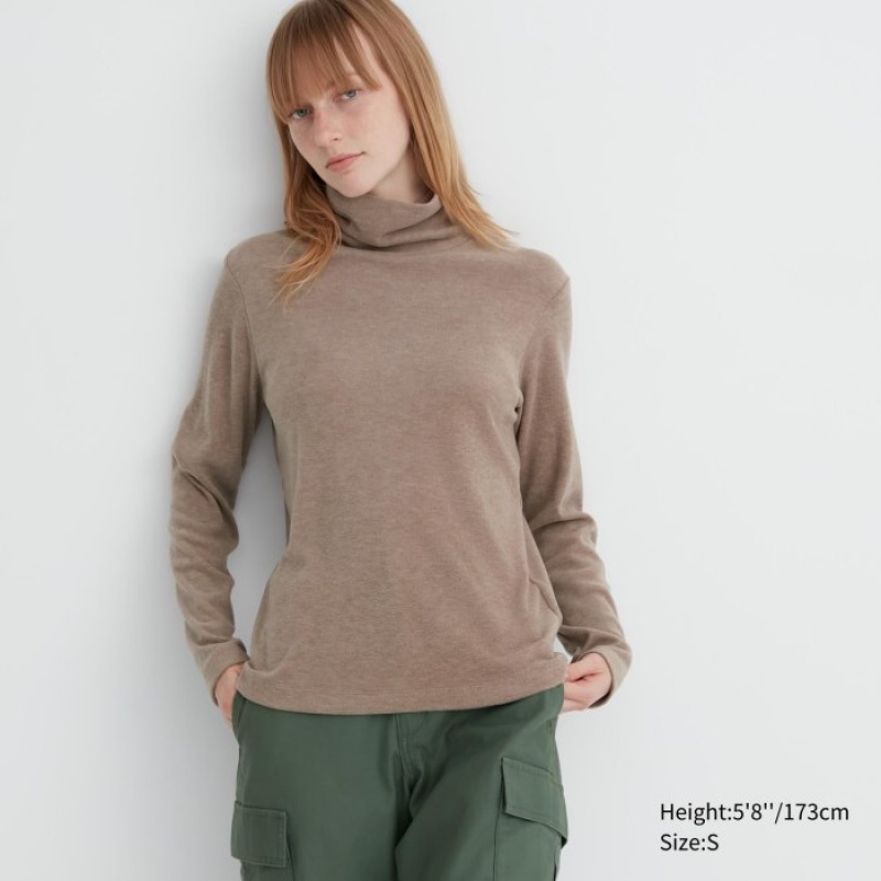 Uniqlo HEATTECH Fleece Turtleneck Long-Sleeve (2022 Edition) T-Shirt Damen Beige | JANP-36401