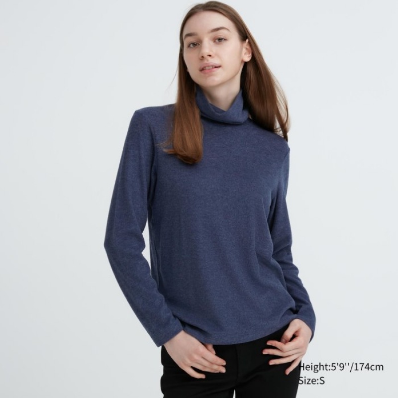 Uniqlo HEATTECH Fleece Turtleneck Long-Sleeve T-Shirt Damen Blau | NPCH-64159