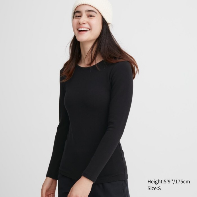 Uniqlo HEATTECH Ultra Warm Crew Neck Long-Sleeve T-Shirt Undershirts Damen Schwarz | TBRO-97263