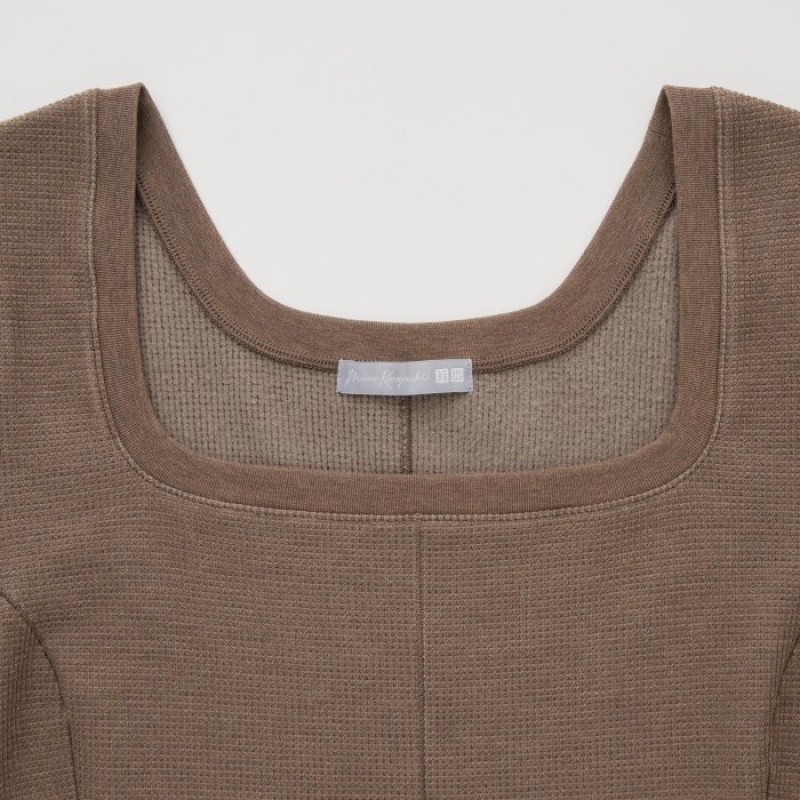 Uniqlo HEATTECH Waffle Square Neck Long-Sleeve (Wolle Blend) (Extra Warm) T-Shirt Damen Braun | RAKH-20975