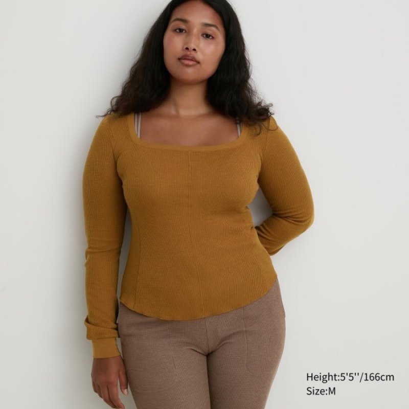 Uniqlo HEATTECH Waffle Square Neck Long-Sleeve (Wolle Blend) (Extra Warm) T-Shirt Damen Braun | RAKH-20975