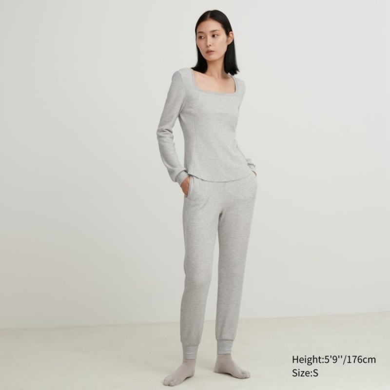 Uniqlo HEATTECH Waffle Square Neck Long-Sleeve (Wolle Blend) (Extra Warm) T-Shirt Damen Braun | RAKH-20975