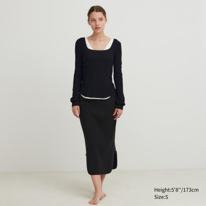 Uniqlo HEATTECH Waffle Square Neck Long-Sleeve (Wolle Blend) (Extra Warm) T-Shirt Damen Braun | RQOT-14895