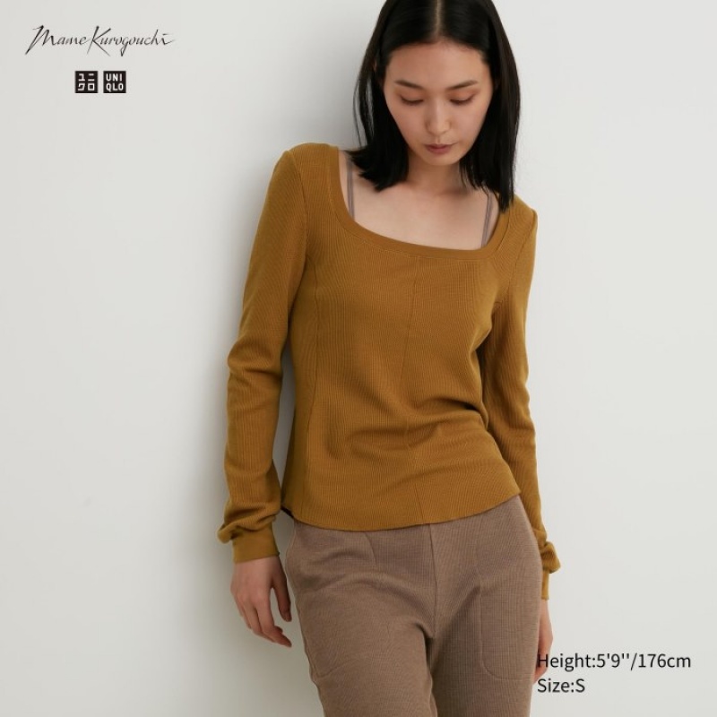 Uniqlo HEATTECH Waffle Square Neck Long-Sleeve (Wolle Blend) (Extra Warm) T-Shirt Damen Braun | RQOT-14895