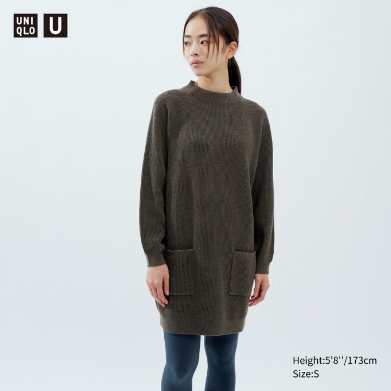 Uniqlo Mock Neck Long-Sleeve Kleid Damen Olivgrün | FAQX-05147