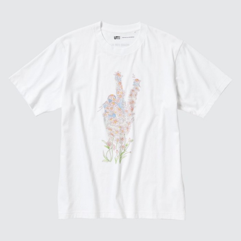 Uniqlo PEACE FOR ALL Kurzes-Sleeve Graphic (JW Anderson) T-Shirt Damen Weiß | AXSY-80427