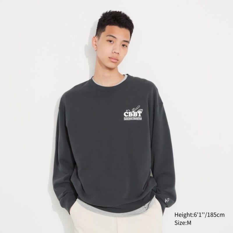 Uniqlo PEANUTS Charlie Brown's Baseball Team Long-Sleeve Sweatshirt Herren Dunkelgrau | ASOC-16408