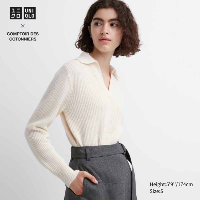 Uniqlo Premium Lambswool Long-Sleeve Polo Pullover Damen Weiß | EDYP-10294