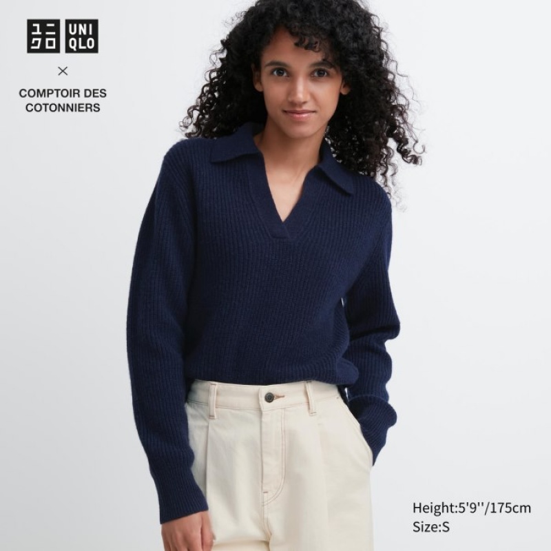 Uniqlo Premium Lambswool Long-Sleeve Polo Pullover Damen Navy | TCHN-61457