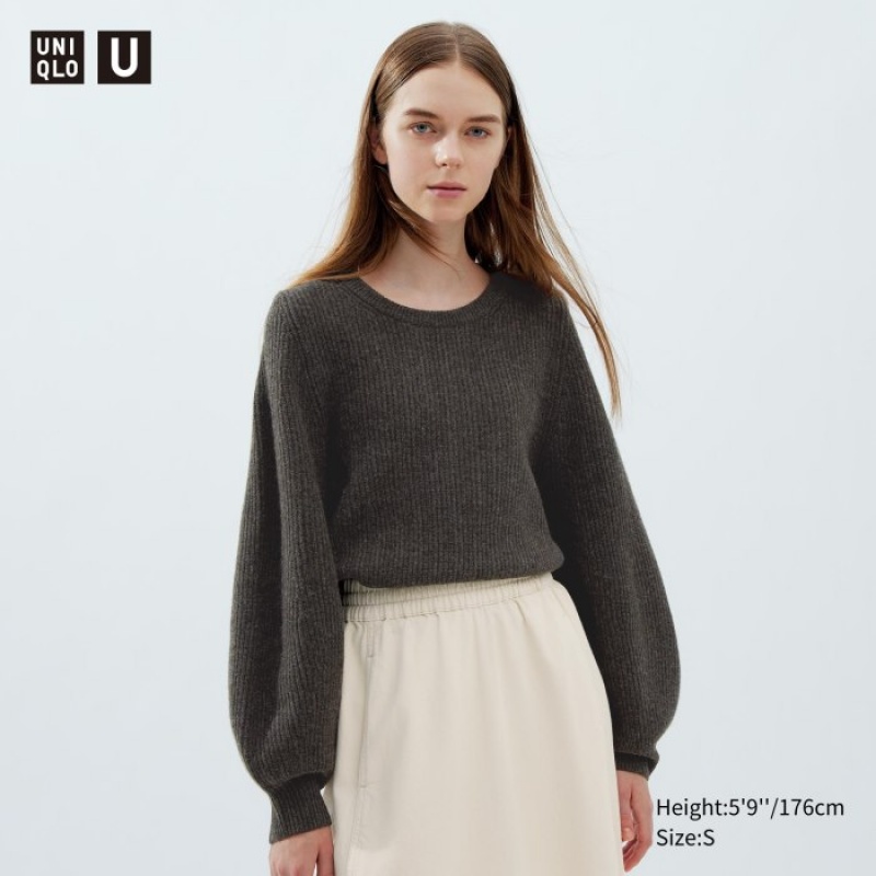 Uniqlo Premium Lambswool Volume Long-Sleeve Pullover Damen Dunkelbraun | JIFG-05162