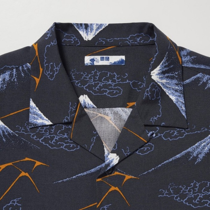 Uniqlo Printed Open Collar Kurzes-Sleeve (Hokusai) Casual Shirts Herren Navy | TNCX-13094