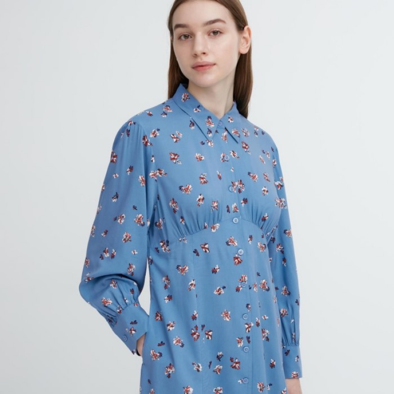 Uniqlo Printed V-Neck Long-Sleeve Mini Kleid Damen Gelb | WTAQ-97548