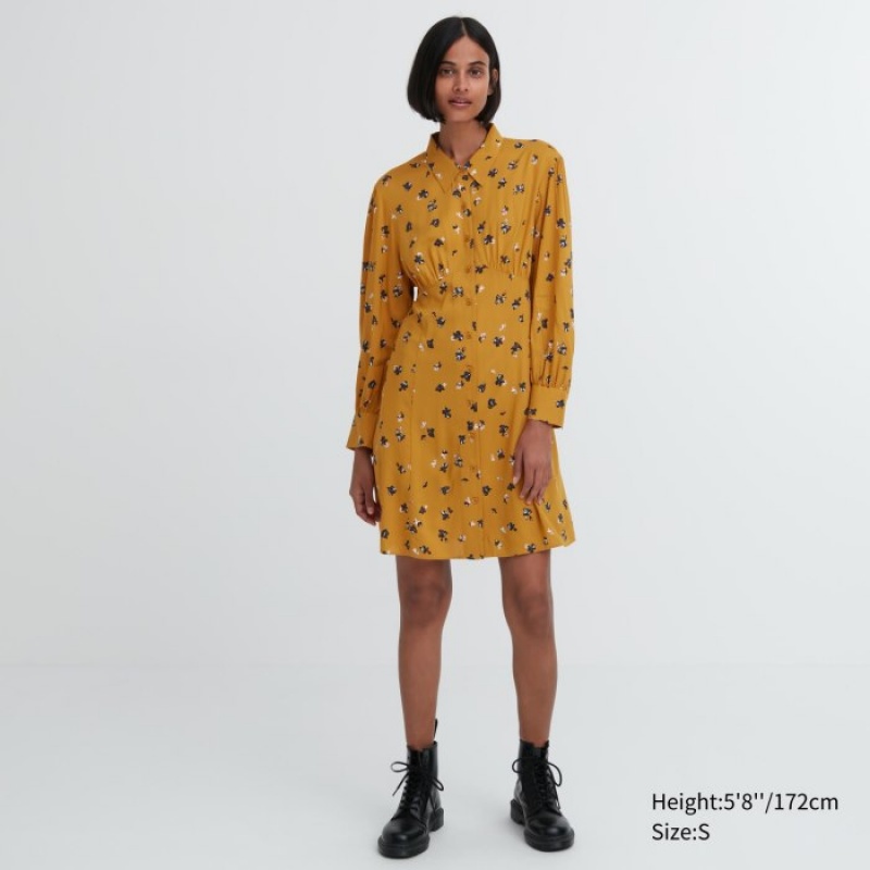 Uniqlo Printed V-Neck Long-Sleeve Mini Kleid Damen Gelb | WTAQ-97548