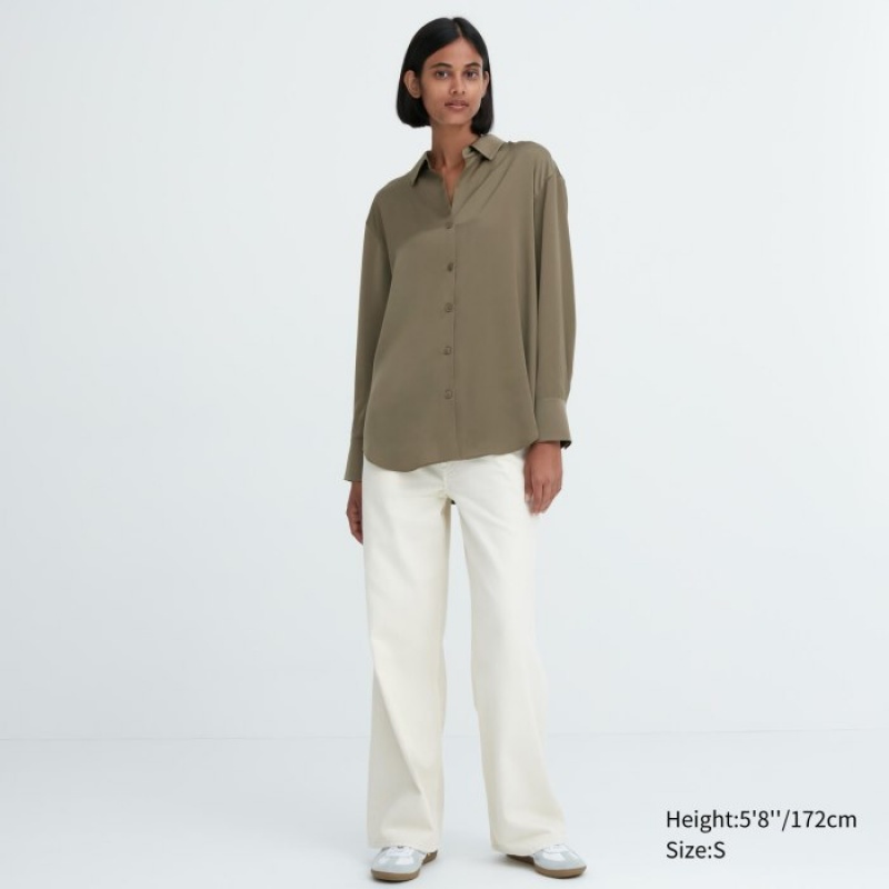 Uniqlo Satin Long-Sleeve Bluse Damen Beige | PYLB-14706