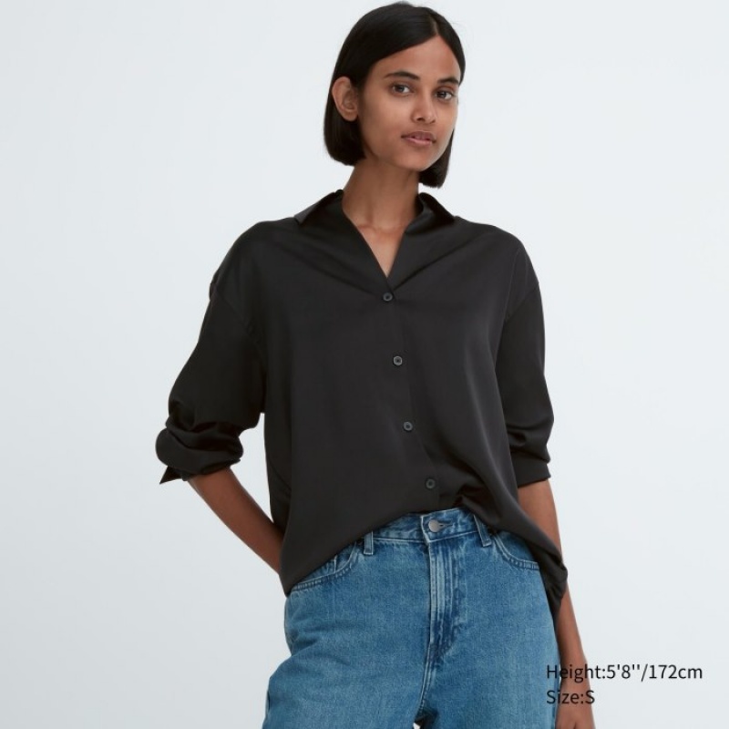 Uniqlo Satin Long-Sleeve Bluse Damen Schwarz | LNCI-62358