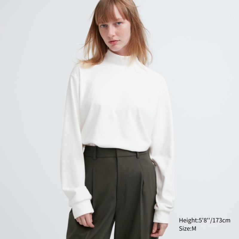 Uniqlo Smooth Fleece Mock Neck Long-Sleeve T-Shirt Damen Weiß | FBIV-27098