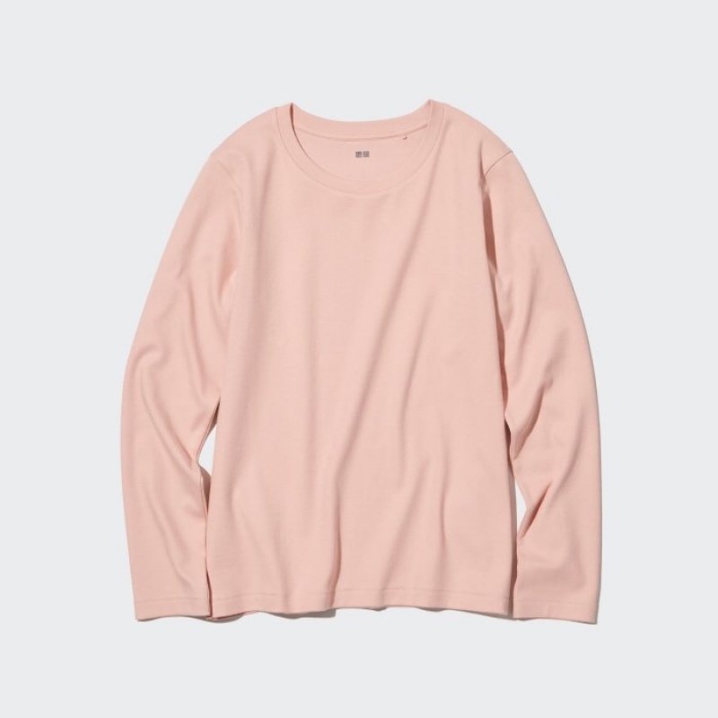 Uniqlo Smooth Stretch Baumwoll Crew Neck Long-Sleeve T-Shirt Damen Rosa | DHEQ-09546