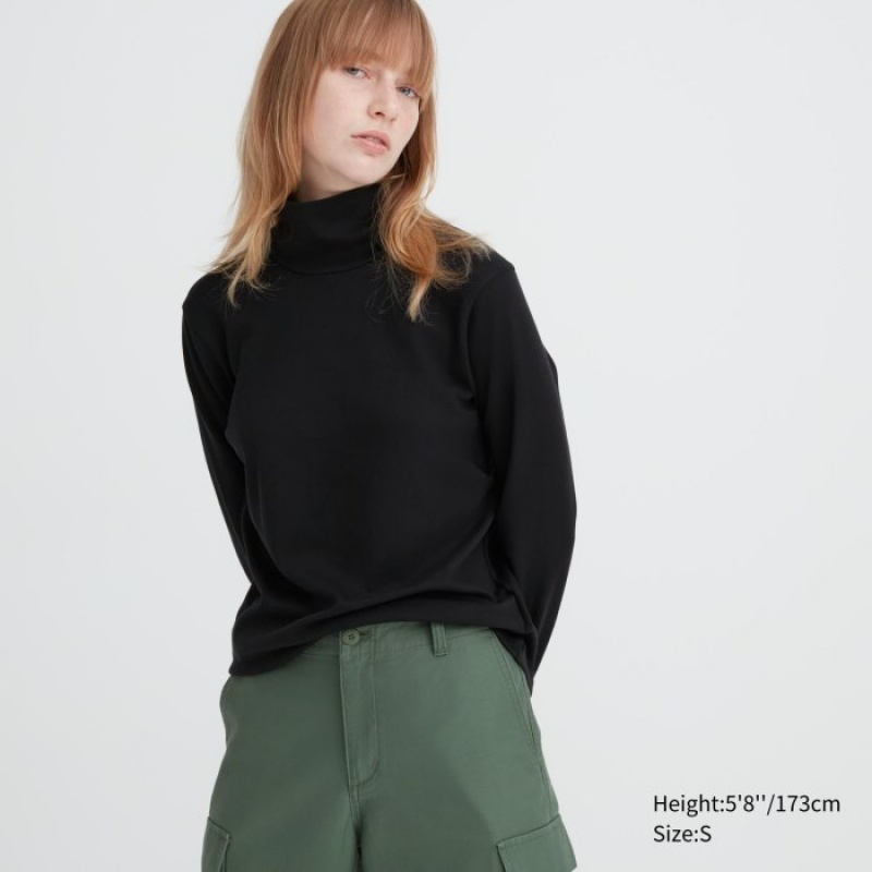 Uniqlo Smooth Stretch Baumwoll Turtleneck Long-Sleeve T-Shirt Damen Schwarz | VQXO-85340