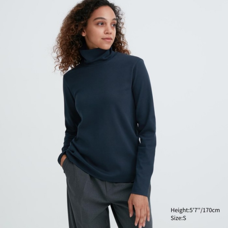 Uniqlo Smooth Stretch Baumwoll Turtleneck Long-Sleeve T-Shirt Damen Blau | AUSJ-73452