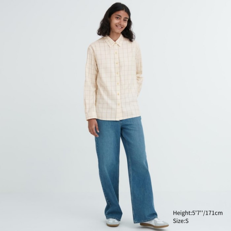 Uniqlo Soft Brushed Checked Long-Sleeve Hemd Damen Beige | OHYP-53412