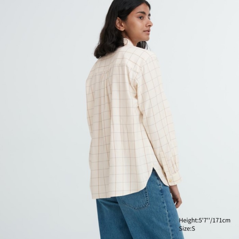 Uniqlo Soft Brushed Checked Long-Sleeve Hemd Damen Beige | OHYP-53412