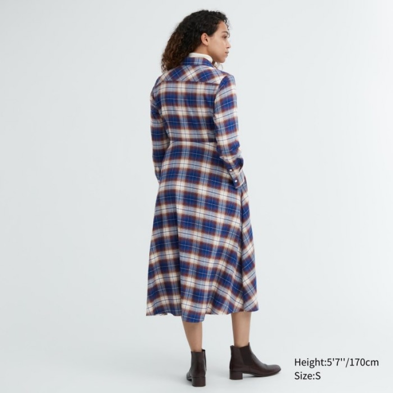 Uniqlo Soft Brushed Checked Long-Sleeve Shirt Kleid Damen Blau | SMDI-69748