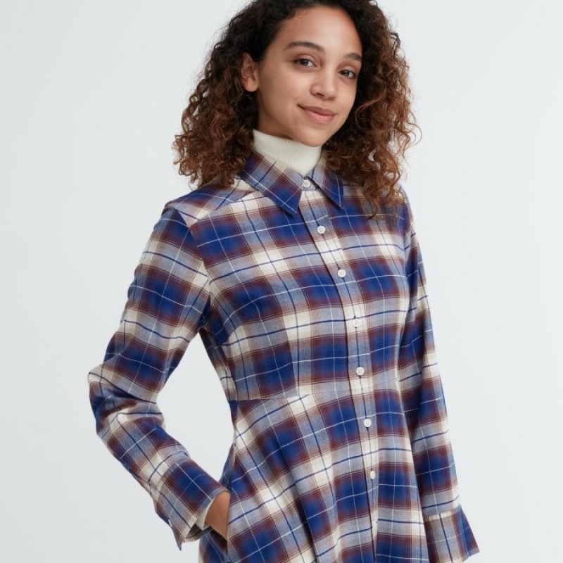 Uniqlo Soft Brushed Checked Long-Sleeve Shirt Kleid Damen Blau | SMDI-69748