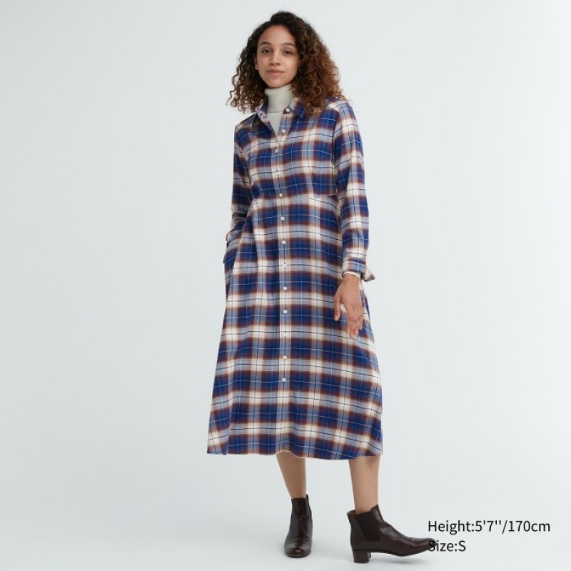 Uniqlo Soft Brushed Checked Long-Sleeve Shirt Kleid Damen Blau | SMDI-69748