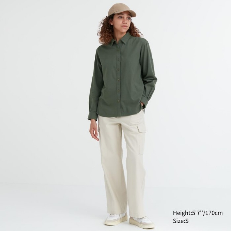 Uniqlo Soft Brushed Long-Sleeve Hemd Damen Grün | DMWJ-98065