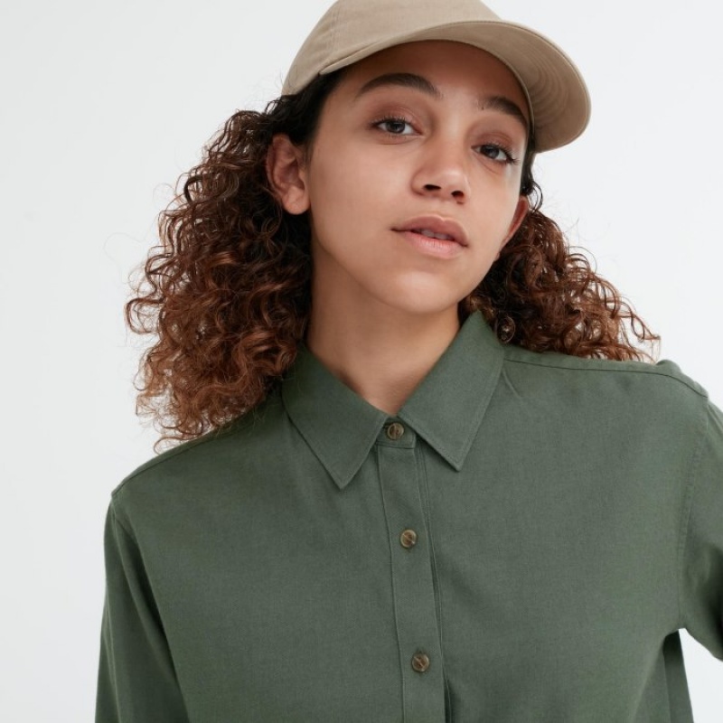 Uniqlo Soft Brushed Long-Sleeve Hemd Damen Grün | DMWJ-98065