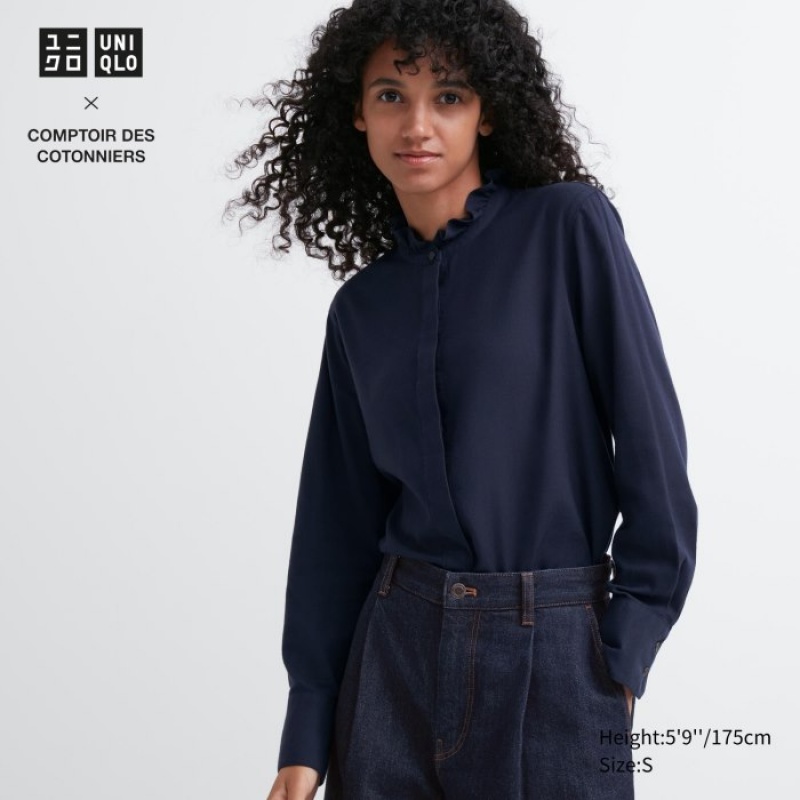 Uniqlo Soft Brushed Stand Collar Long-Sleeve Hemd Damen Navy | RPDZ-10453