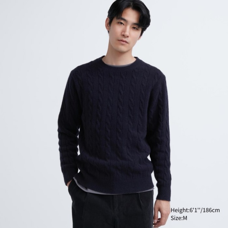 Uniqlo Souffle Yarn Cable Crew Neck Long-Sleeve Pullover Herren Navy | UEPY-70892