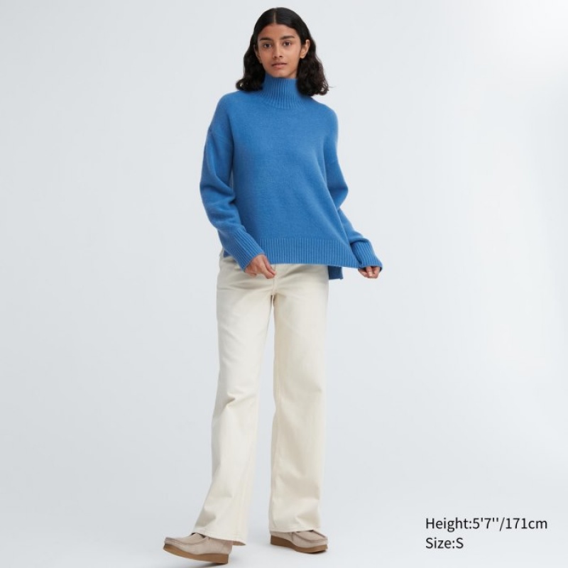 Uniqlo Souffle Yarn High Neck Long-Sleeve Pullover Damen Blau | ZQPR-91536