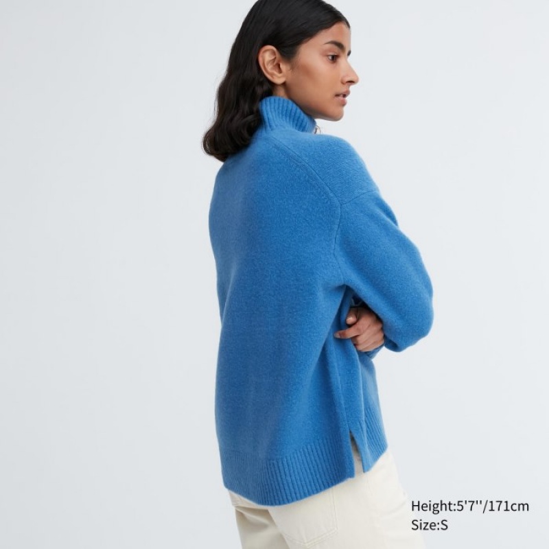 Uniqlo Souffle Yarn High Neck Long-Sleeve Pullover Damen Blau | ZQPR-91536