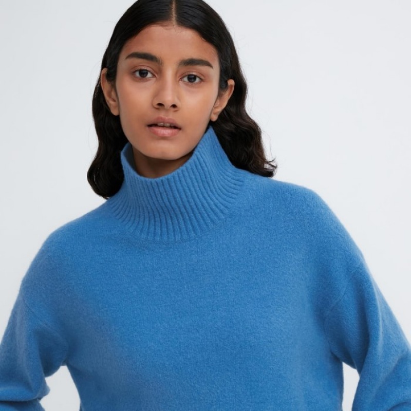 Uniqlo Souffle Yarn High Neck Long-Sleeve Pullover Damen Blau | ZQPR-91536