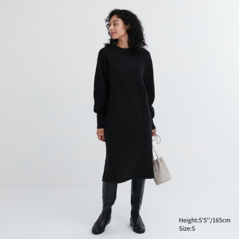 Uniqlo Souffle Yarn Long-Sleeve Kleid Damen Schwarz | FEVP-38170