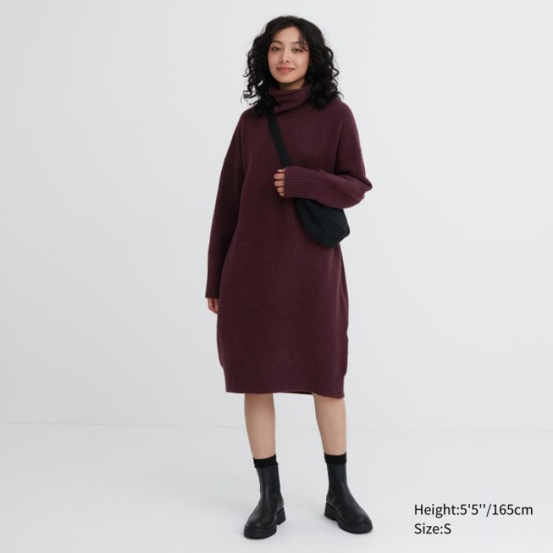 Uniqlo Souffle Yarn Turtleneck Kleid Damen Wine | MISJ-18476