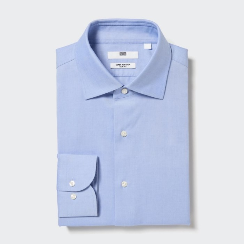 Uniqlo Super Non-Iron Slim-Fit Long-Sleeve (Semi-Weite Collar) Dress Shirts Herren Hellblau | SHTD-95207