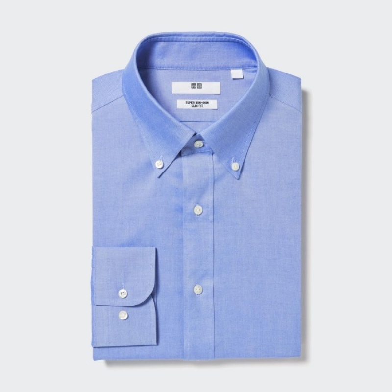 Uniqlo Super Non-Iron Slim-Fit Long-Sleeve (Button Down Collar) Dress Shirts Herren Blau | QPBC-45216