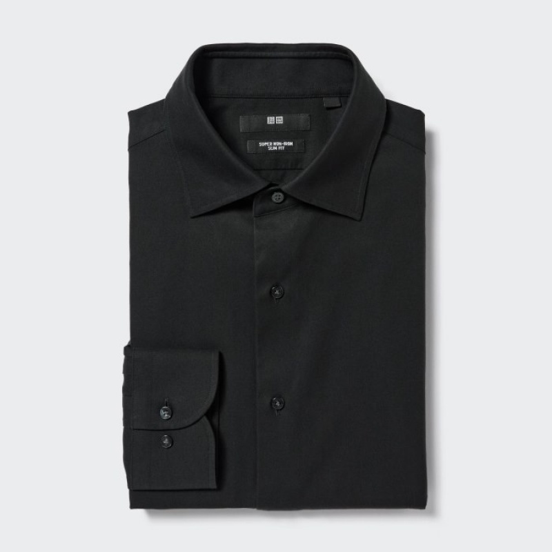 Uniqlo Super Non-Iron Slim-Fit Long-Sleeve (Semi-Weite Collar) Dress Shirts Herren Schwarz | ZAMT-63251