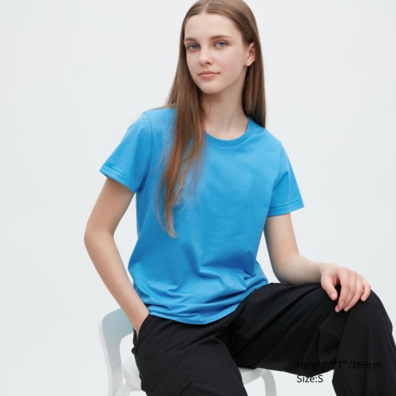 Uniqlo Supima® Baumwoll Crew Neck Kurzes-Sleeve T-Shirt Damen Blau | KYXU-72356