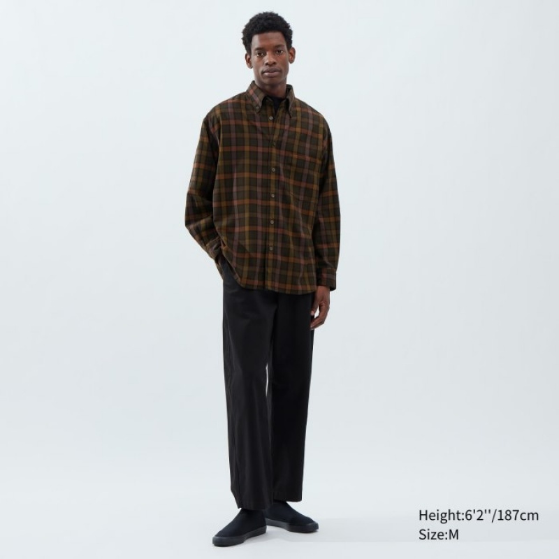 Uniqlo Twill Oversized Checked Long-Sleeve Casual Shirts Herren Dunkelbraun | WQYR-71293