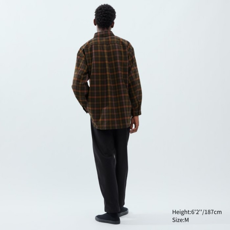 Uniqlo Twill Oversized Checked Long-Sleeve Casual Shirts Herren Dunkelbraun | WQYR-71293