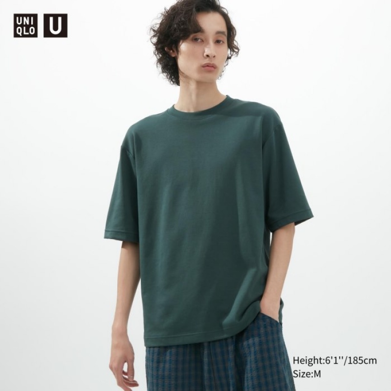 Uniqlo U AIRism Baumwoll Oversized Crew Neck Half-Sleeve T-Shirt Damen Olivgrün | AWSC-07948